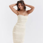 Elegant Formal Beige Slim Maxi Spaghetti Strap Wed Bride Dress
