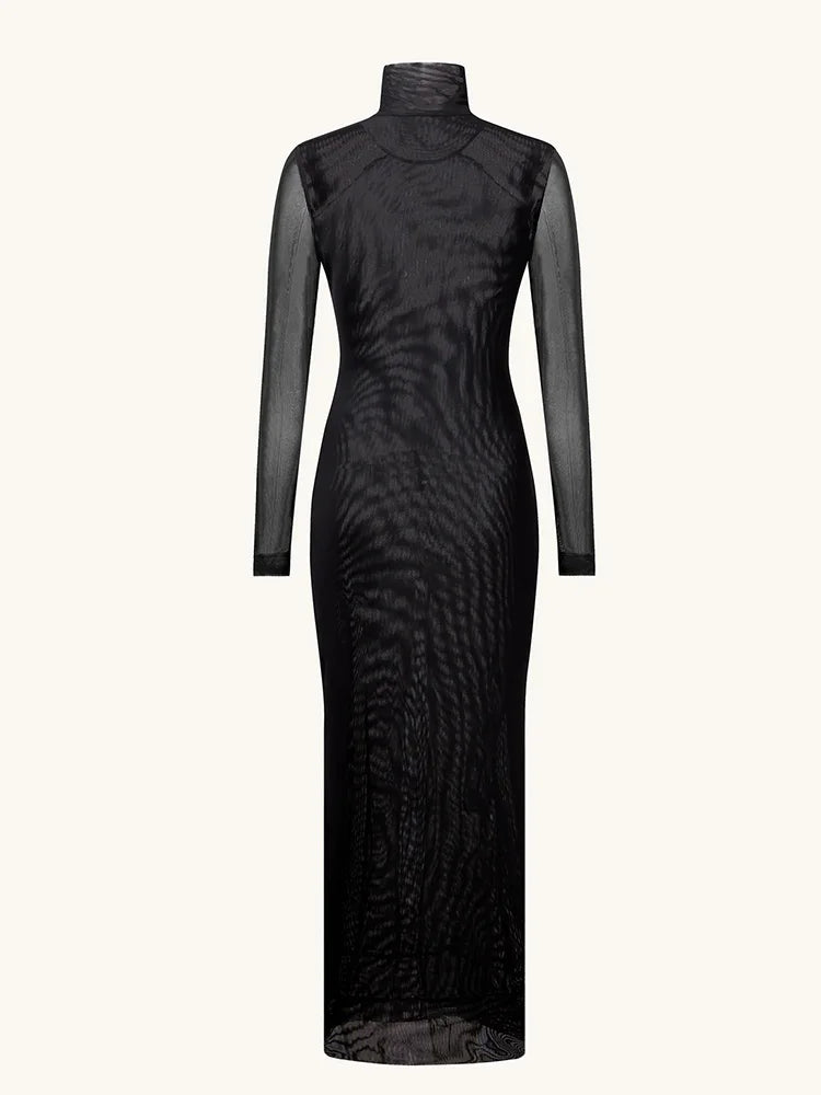 Printed Maxi Dress With Turtleneck And Long Sleeves Slim Fit