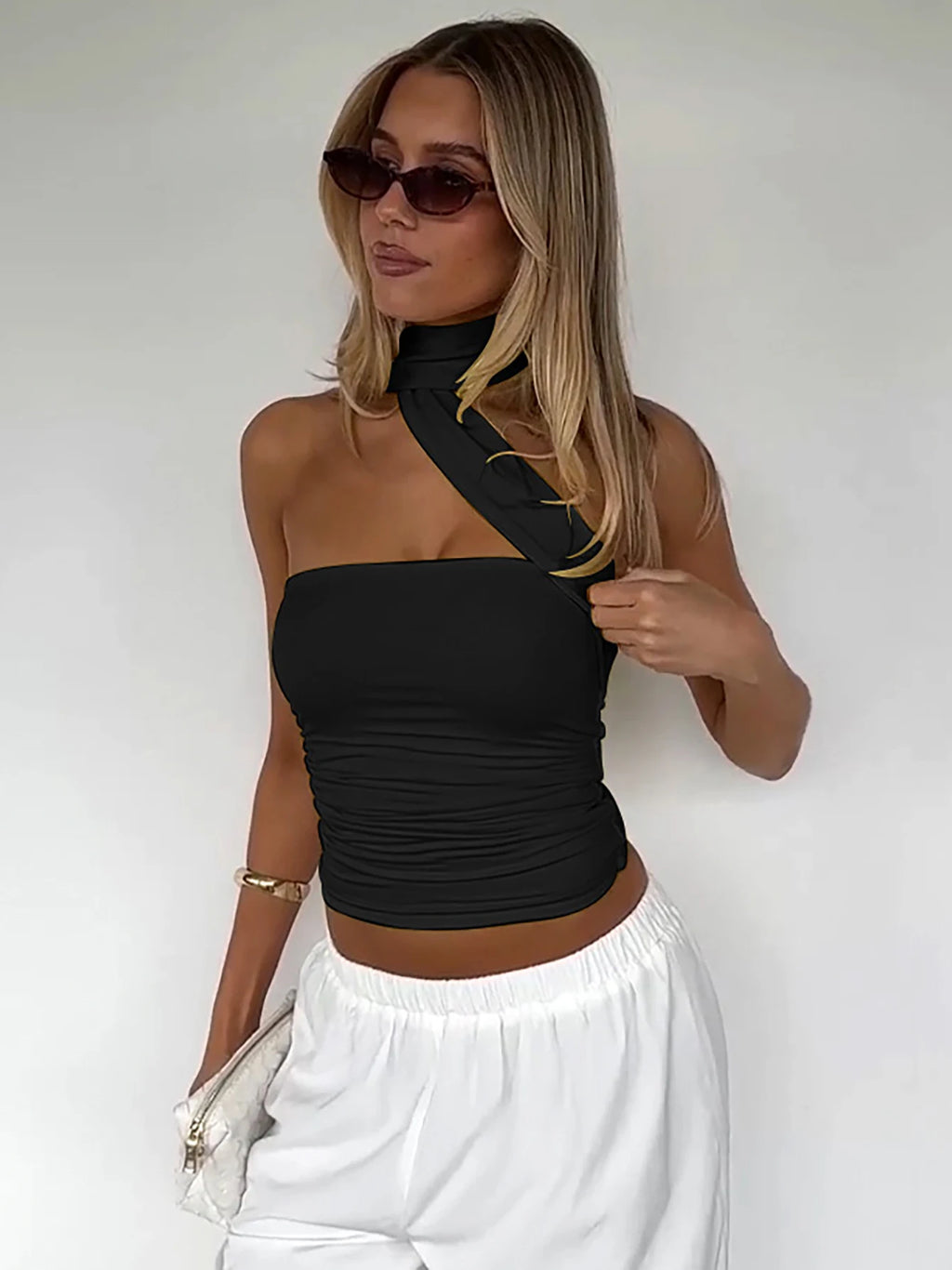 Elegant Halter Crop Top With Scarf Strap Ruched Slim Solid Design For Summer Streetwear