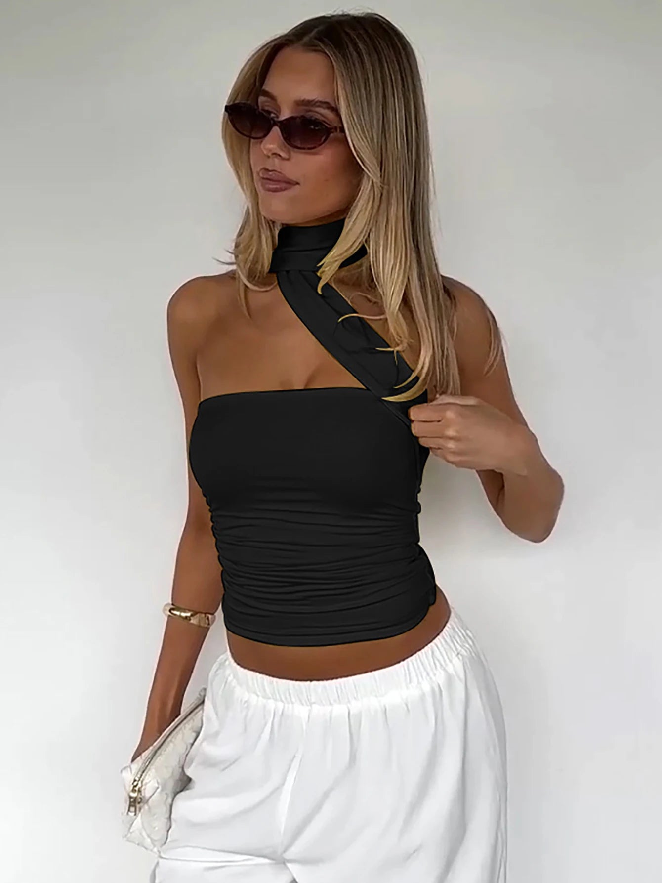 Elegant Halter Crop Top With Scarf Strap Ruched Slim Solid Design For Summer Streetwear