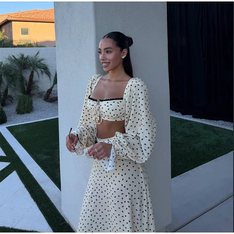 Polka Dot Two-piece Set Square Neck Puff Sleeve Cropped Top With Lace Trim Maxi Skirt