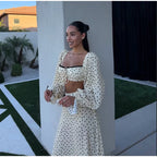 Polka Dot Two-piece Set Square Neck Puff Sleeve Cropped Top With Lace Trim Maxi Skirt