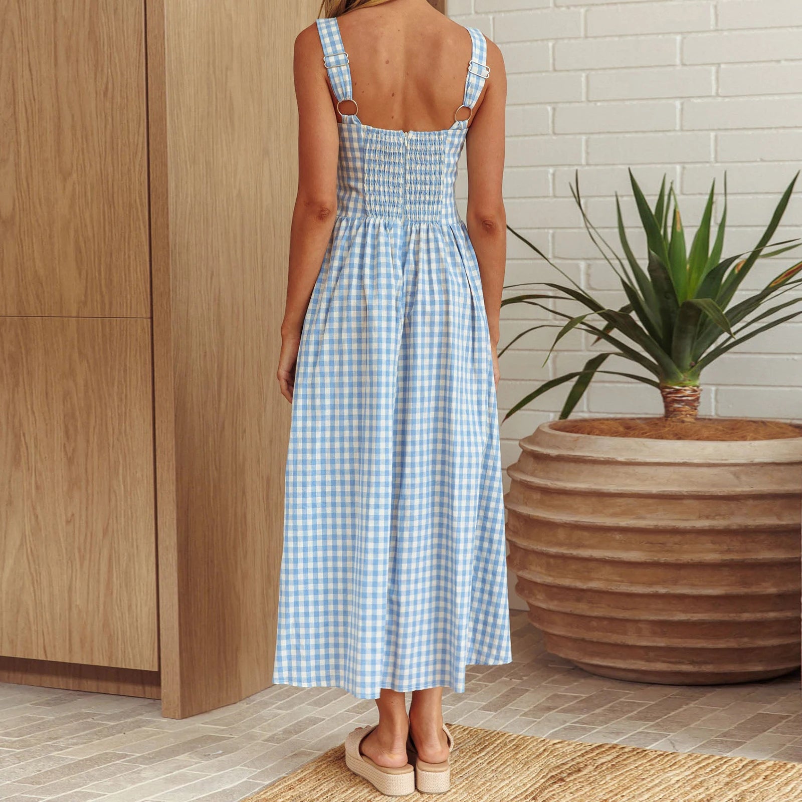 Gingham Maxi Dress With Wide Straps For Cottagecore Summer
