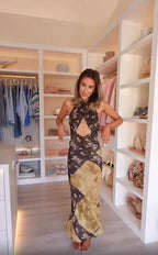 Sunny Yellow Floral Halter Maxi With Openwork Waist Vintage