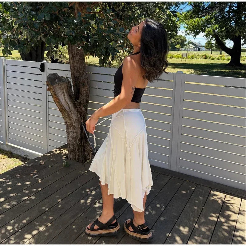 Elegant Asymmetrical A Line Midi Skirt High Waisted Pleated