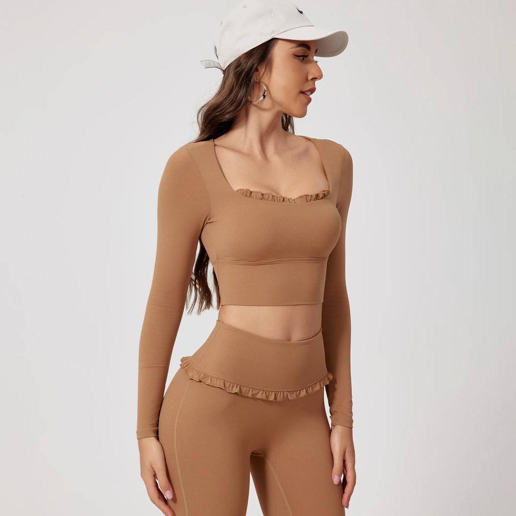 Women Shirts Long Sleeve for Yoga Crop Top Square Neck Workout Clothing with Chest Pads Fitness