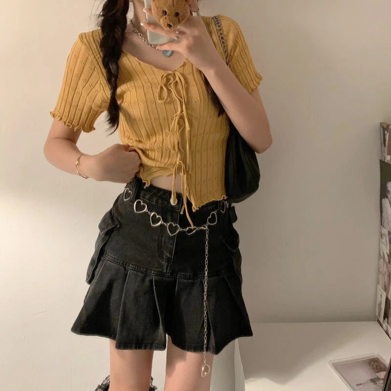 Soft Knit V Neck Cropped Ribbed Short Sleeve Tee