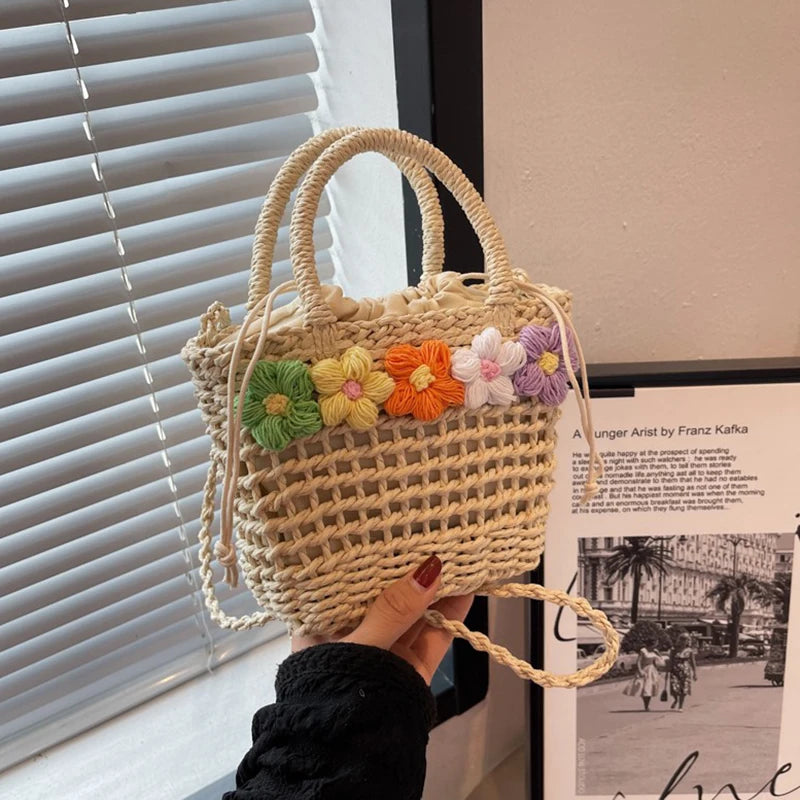 Straw Woven Shoulder Bag With Floral Details
