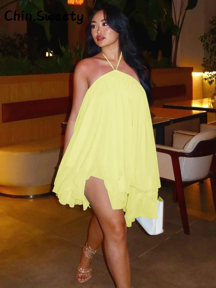 Halter Ruffles Dress Strapless Sleeveless Backless