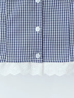 Vintage Lapel Collar Puff Sleeve Lace Patchwork Sweet Plaid Single Breasted Blouse