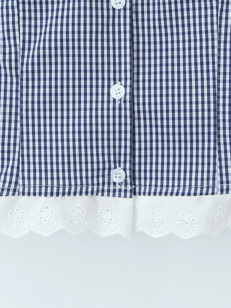 Vintage Lapel Collar Puff Sleeve Lace Patchwork Sweet Plaid Single Breasted Blouse