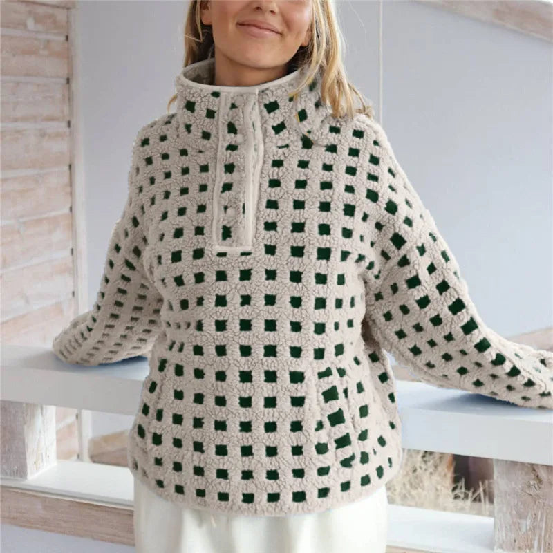 Cozy Checkered Sherpa Long Sleeve Pullover With Stand Collar