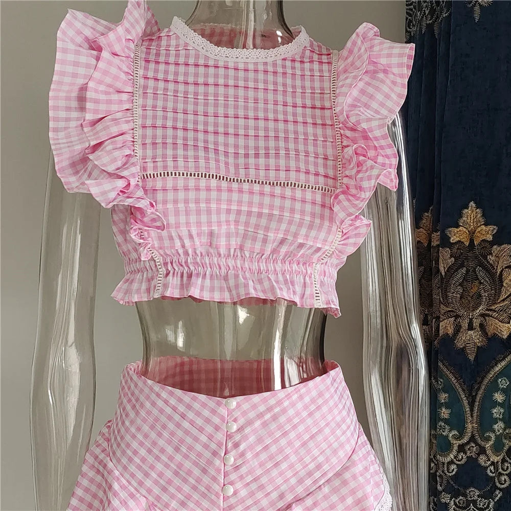 Cotton Plaid Ruffled Top And Shorts Set For Women