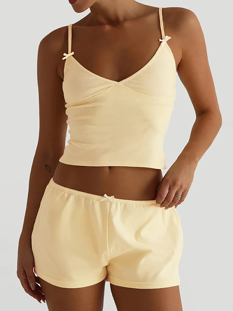 Sexy Bow 2-Piece Set Women Low Chest Backless Camisole+Shorts