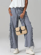 Plaid Wide Leg Pants With Side Tie Hollow Out Detail Loose Fit Trousers