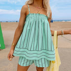 Summer Striped Peplum Cami Top And Flowing Boxer Shorts Two Piece Lounge Set For Vacation
