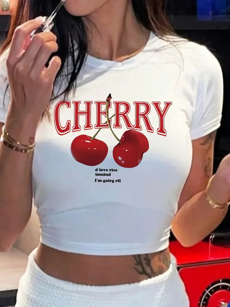 Cherry Print Crop Tee With Crew Neck Short Sleeves Slim