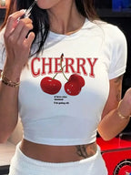 Cherry Print Crop Tee With Crew Neck Short Sleeves Slim