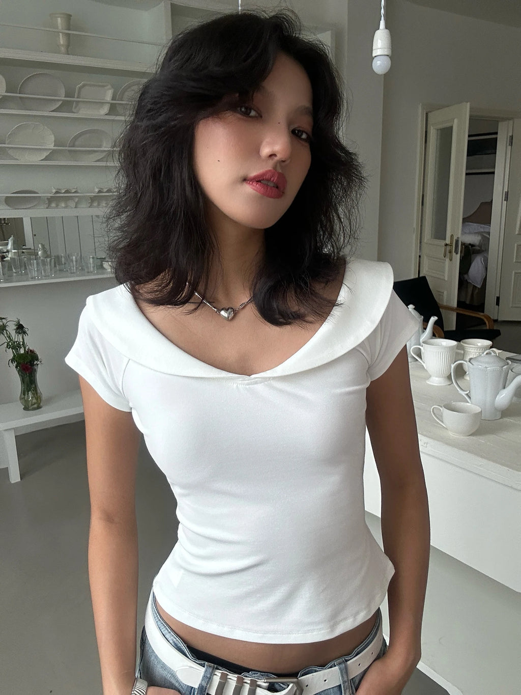 Ruffled Neck Women's Short Sleeve