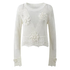 Sunlit Hollow Knit Top Elegant Long Sleeve Jumper Lightweight Sweater