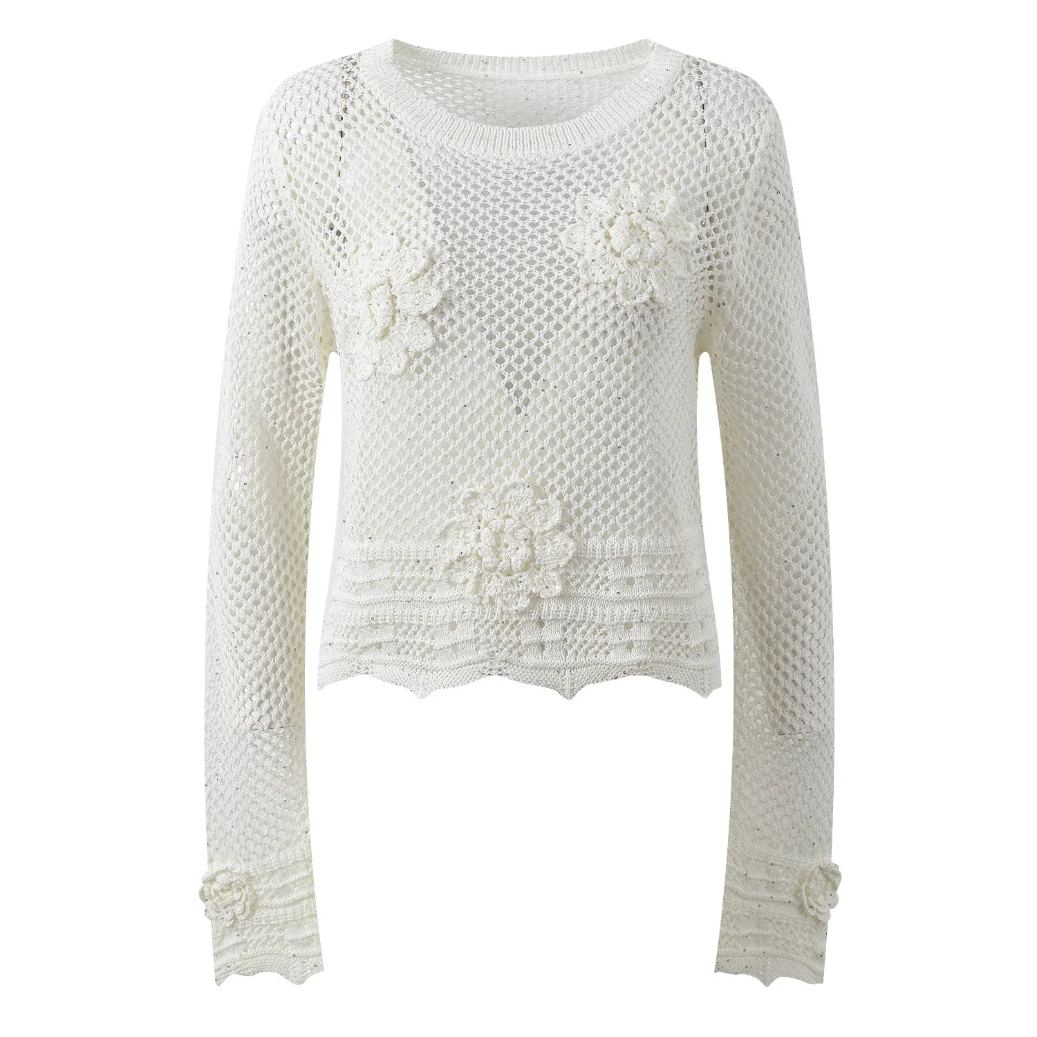 Sunlit Hollow Knit Top Elegant Long Sleeve Jumper Lightweight Sweater