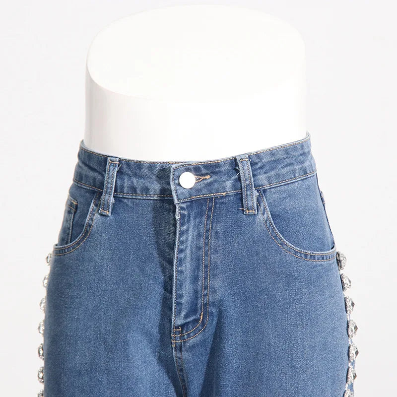 Glimmering Rhinestone Patchwork Denim With Loop Detail For A Chic Straight Leg Silhouette