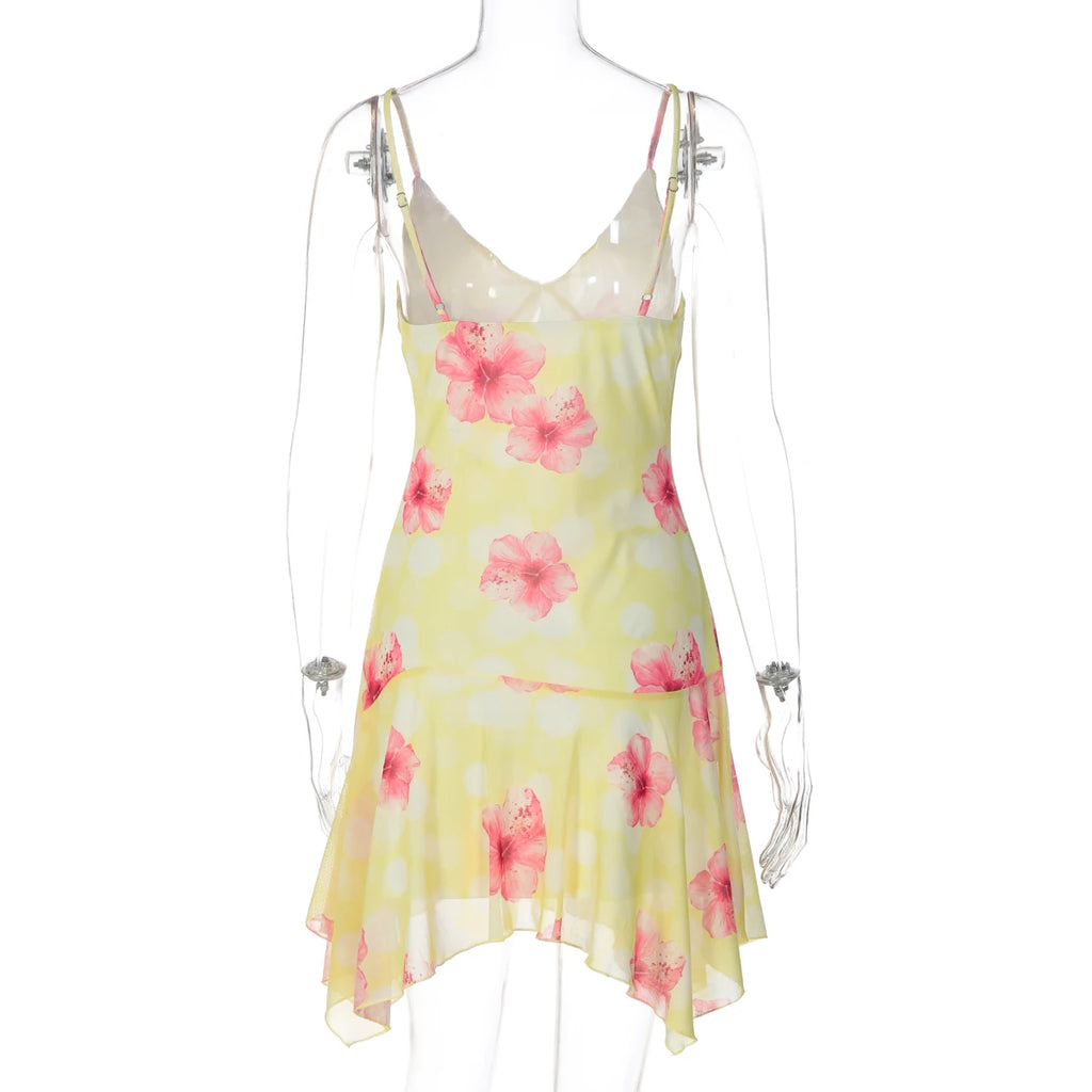 Fashion Floral Print V Neck Backless Sexy Ruffles Irregular Mini Dress