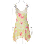 Fashion Floral Print V Neck Backless Sexy Ruffles Irregular Mini Dress