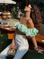 Elegant Y2K Sweet Style Ruched Tank Tops+Petal Sleeve Cover Women Lace-Up Halter