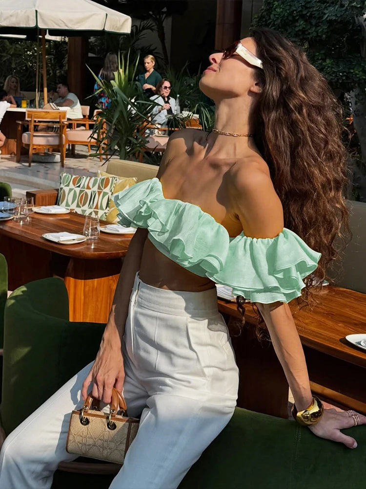 Elegant Y2K Sweet Style Ruched Tank Tops+Petal Sleeve Cover Women Lace-Up Halter