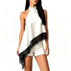 Halter Lace Trim Sleeveless Loose Fit Irregular Hem Shirt