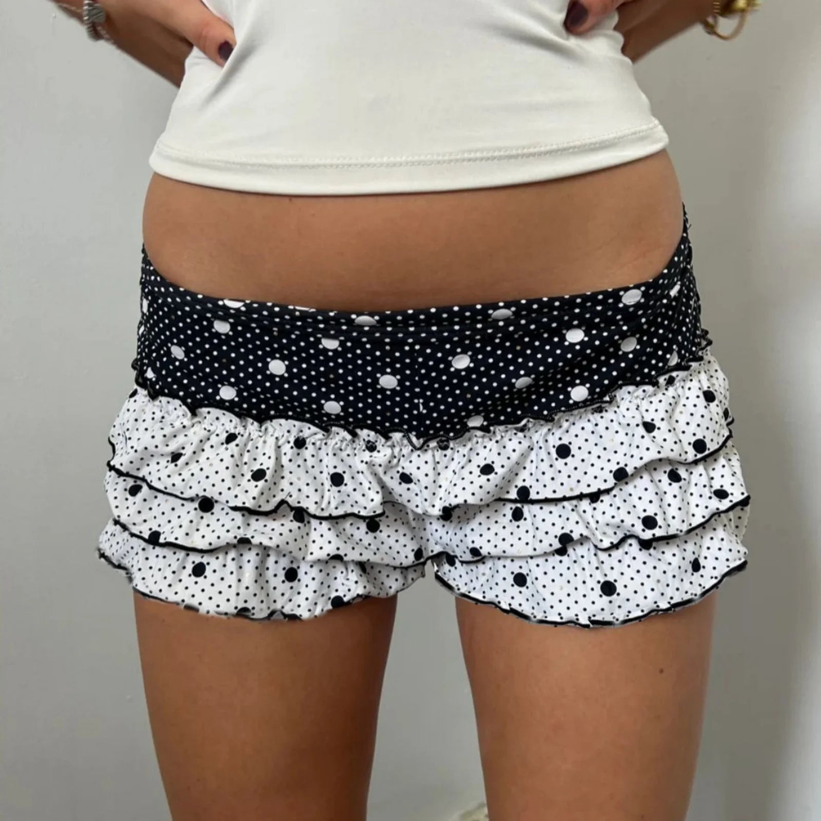 Fairy Tale Polka Dot Tiered Ruffle Shorts Low Waist Bodycon Fit Chic Streetwear Vibe