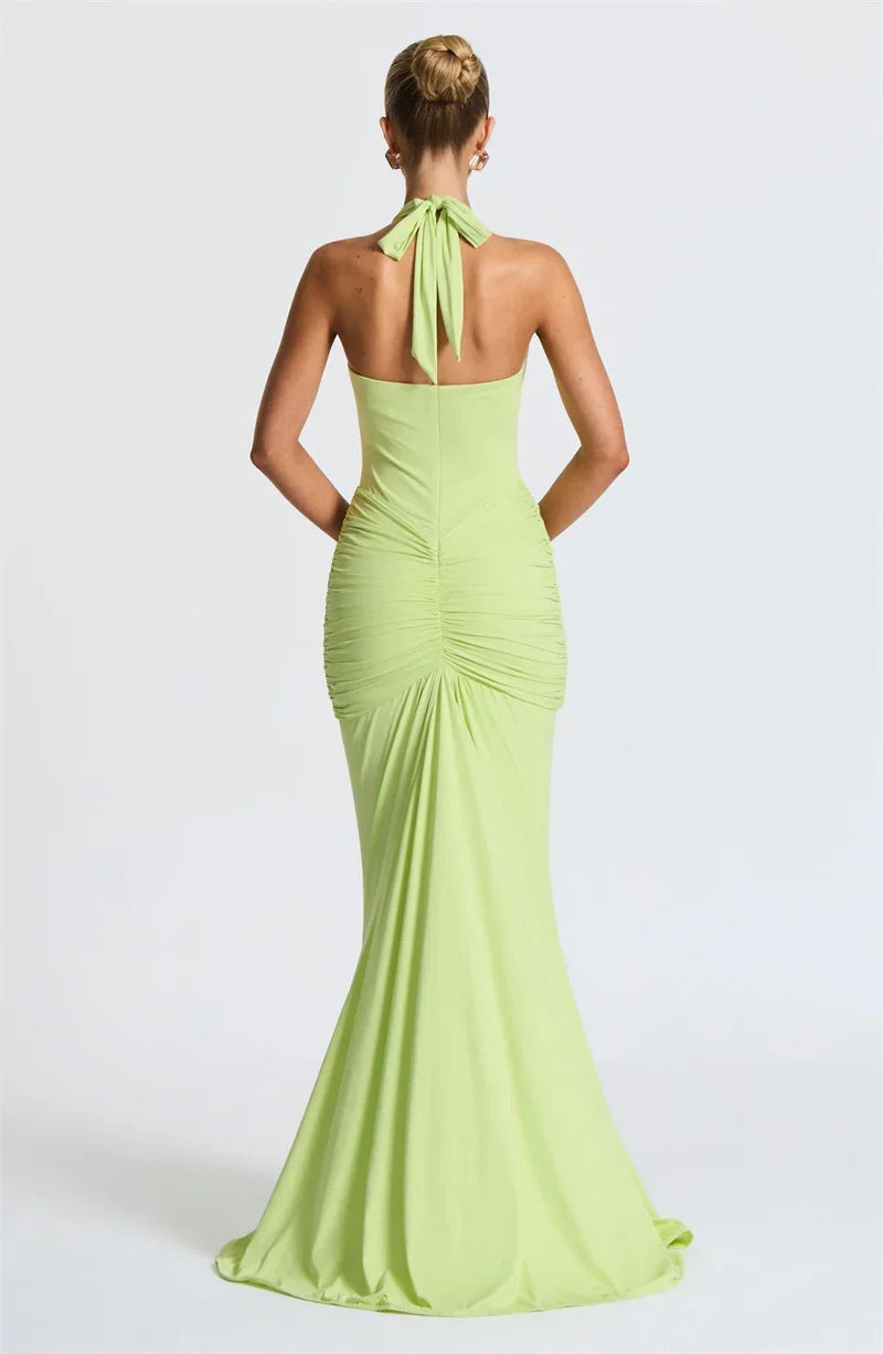 Deep V-Neck Backless Ruched Maxi Dress Halter Gown