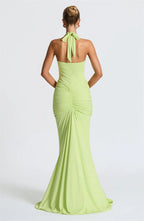 Deep V-Neck Backless Ruched Maxi Dress Halter Gown