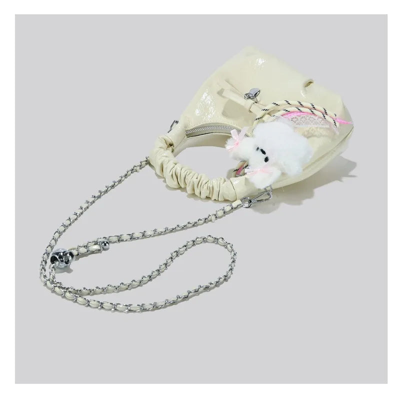 Cloudy Glamour Plush Pendant Shoulder Bag in Glossy Ruched Leather
