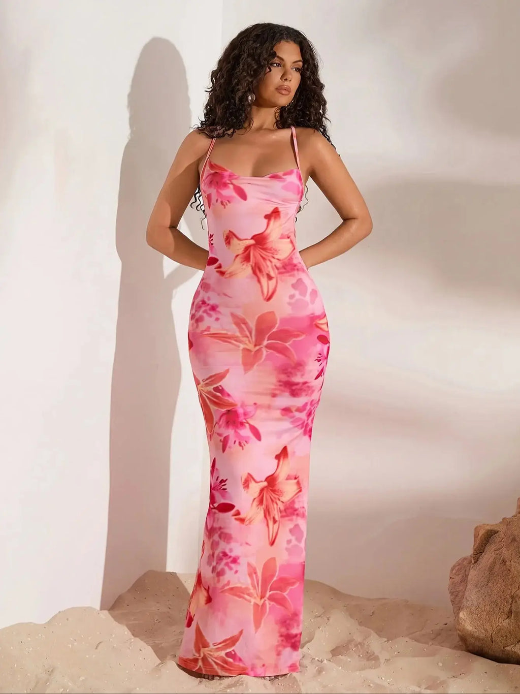 Ladies Off Shoulder Mermaid Dress With Pink Floral Print Sleeveless Ankle Length