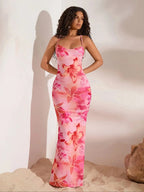 Ladies Off Shoulder Mermaid Dress With Pink Floral Print Sleeveless Ankle Length