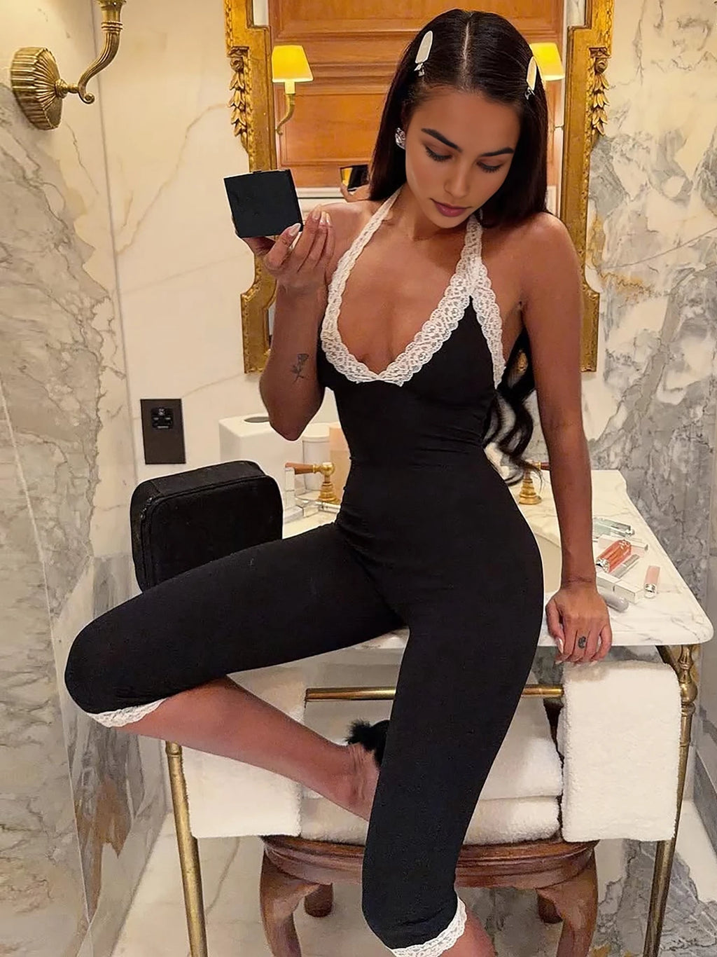 Women Sexy Backless Lace Ruffles Patchwork Halter Jumpsuit