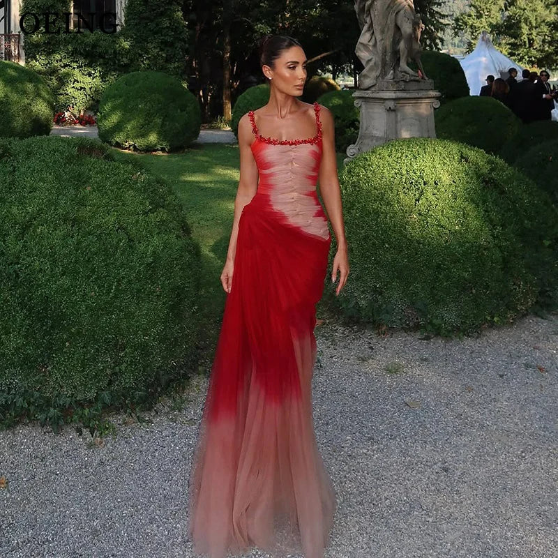 Mermaid Evening Gown With Contrast Tulle Pleats Sleeveless Gala Dress