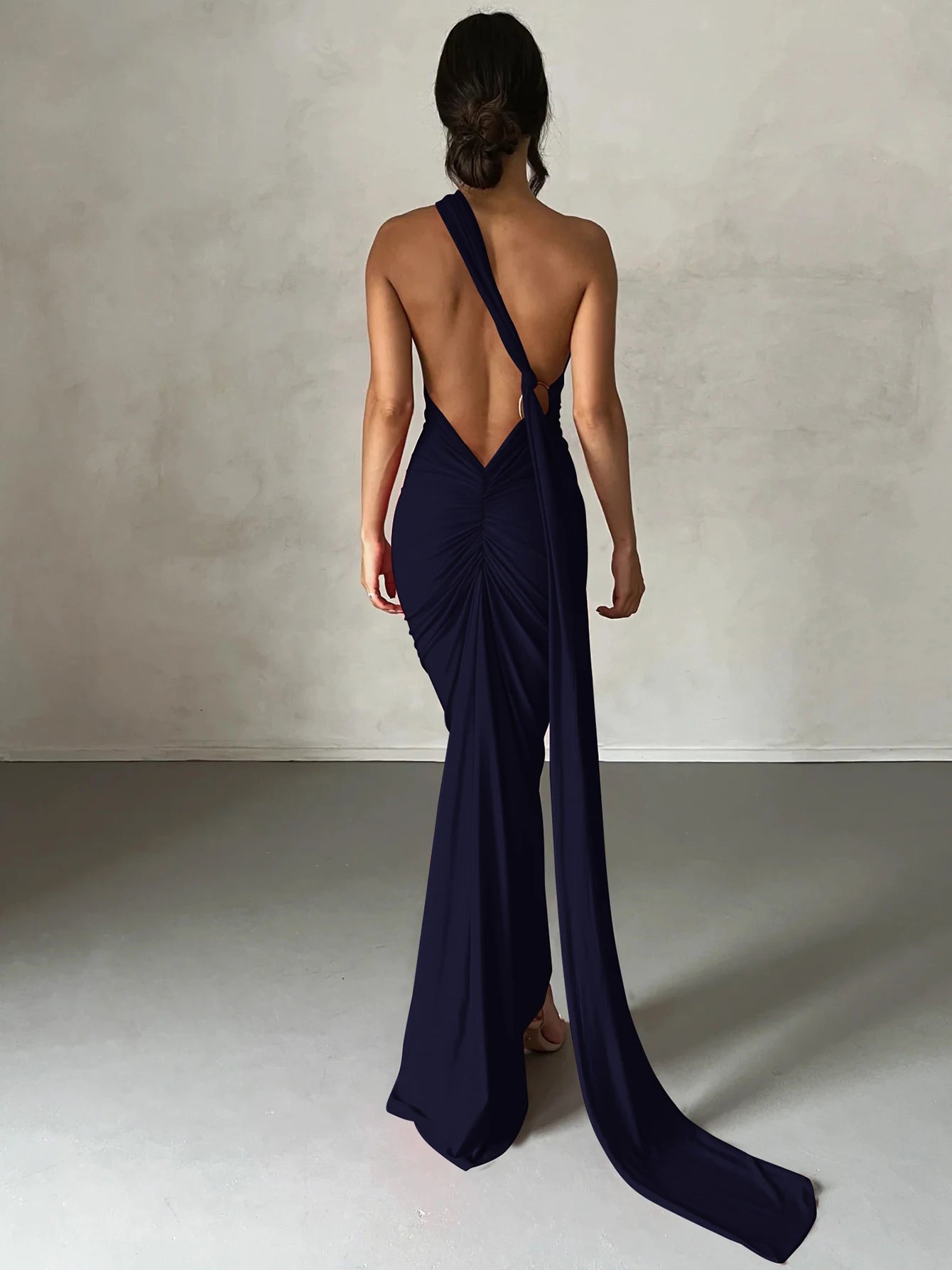 One Shoulder Backless Ruched Slim Long Dress
