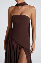 Elegant Off-Shoulder Evening Gown With Patchwork Pleats And Scarf Neck High Split Long Dress