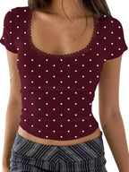 Y2K Polka Dot Crop Top With Lace Trim And Scoop Neck Short Sleeve Tee