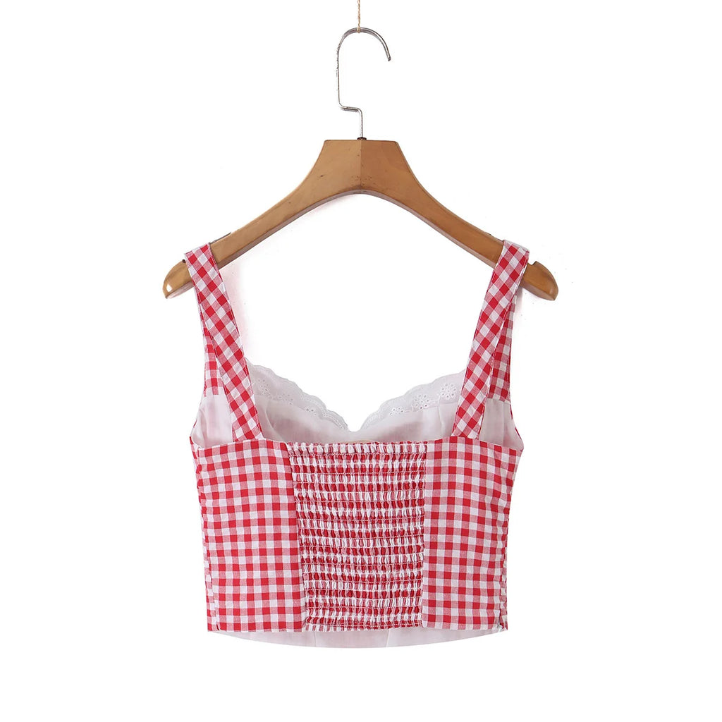 Red Plaid Corset Camis Lace Trim Bow Detail Bustier Sexy Top