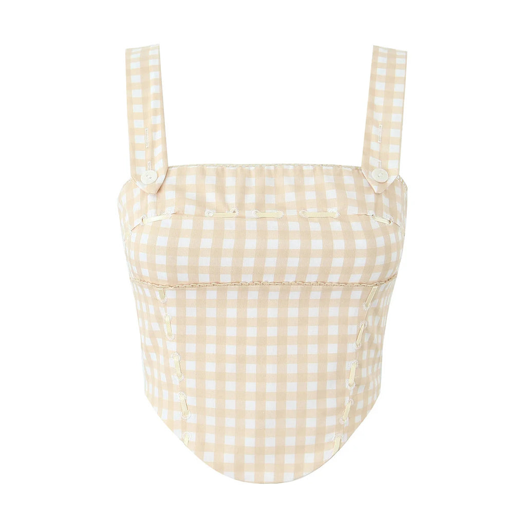 Pink Plaid Crop Top With Slash Collar