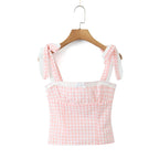 Women New Fashion Sweet Plaid Chic Lace Patchwork French Square Collar Backless Top