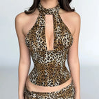 Leopard Print Halter Neck Crop Top With Lace Up Details And Backless Design