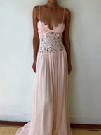 Hollow Out Lace Patchwork Sleeveless Dress With V Neck