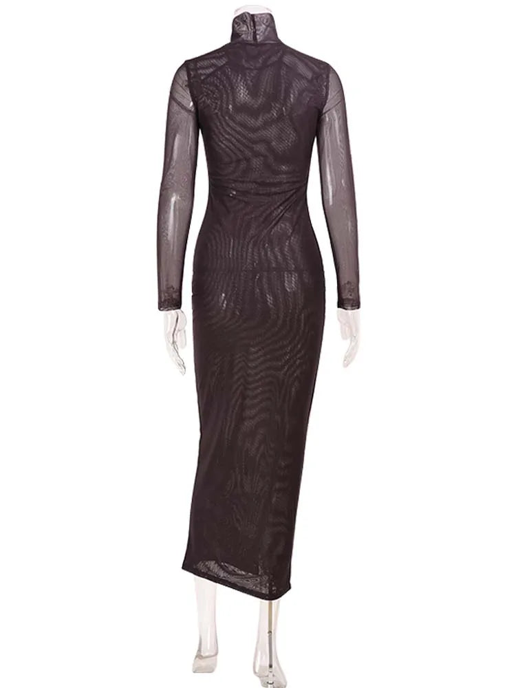 Printed Maxi Dress With Turtleneck And Long Sleeves Slim Fit