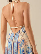Boho Chic Patterned Suspender Dress With Backless V Neck Pleated Beach Maxi