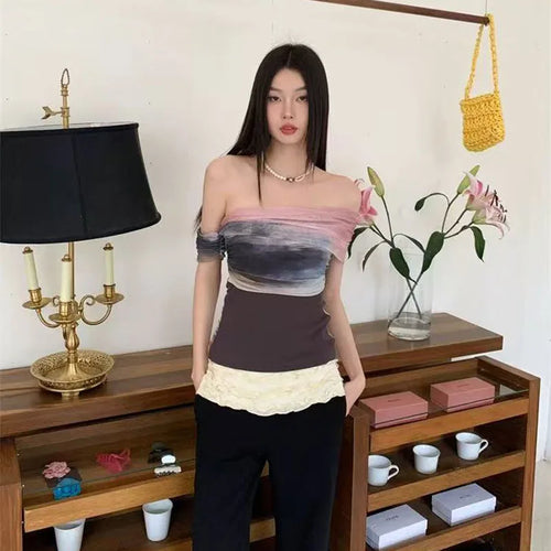 Bold Tie Dye Mesh Crop Top With Slash Neck And Patchwork